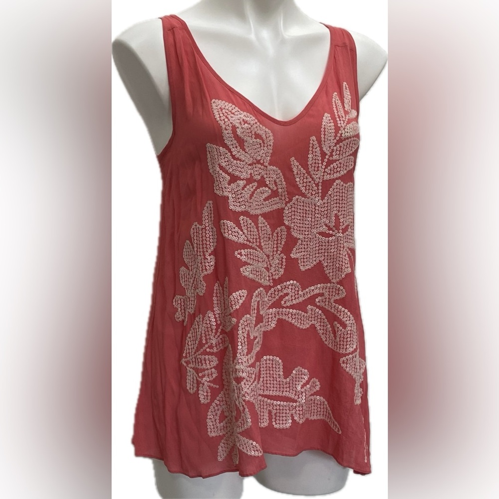 YOANA BARASCHI PINK SALMON SHEER SEQUIN EMBROIDERED SEXY VNECK TUNIC TANK TOP